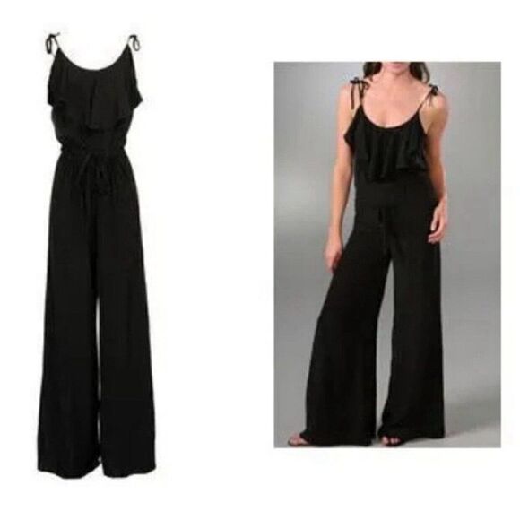 AKA New York Designer 100% Silk Solid Black Tank Wide Leg Jumpsuit Romper Xs - Picture 1 of 8